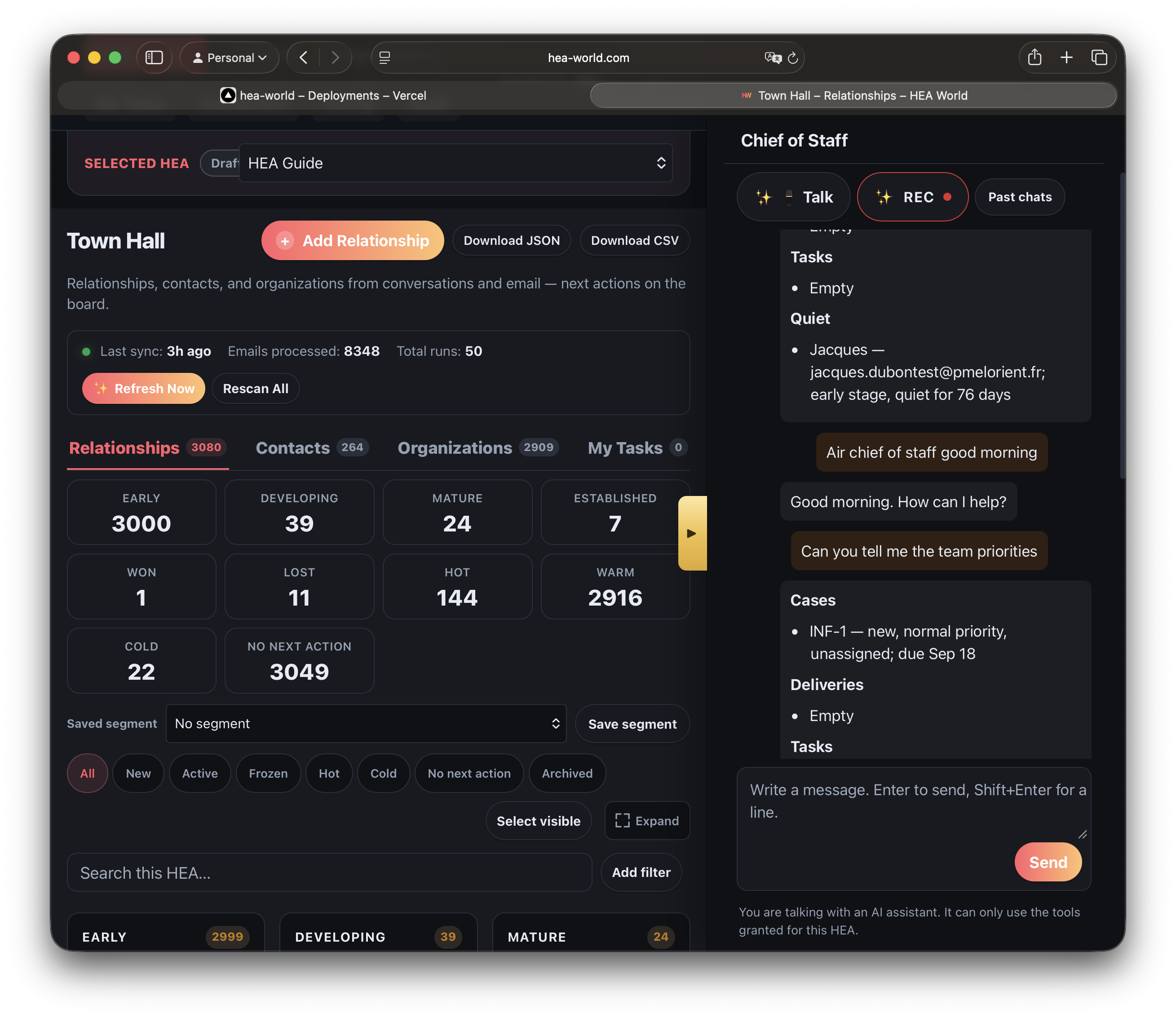 Town Hall relationship intelligence beside the Chief of Staff in dark mode